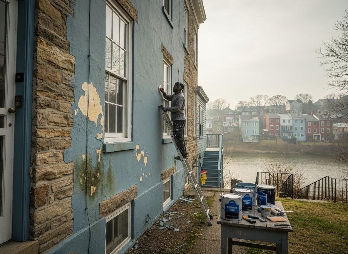 Person scraping paint from an old blue building by a river