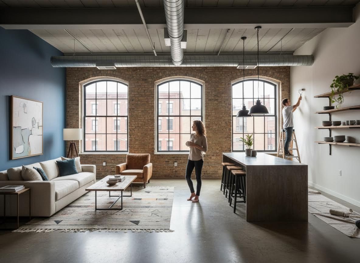 Couple Decorating a Stylish Industrial Loft Apartment