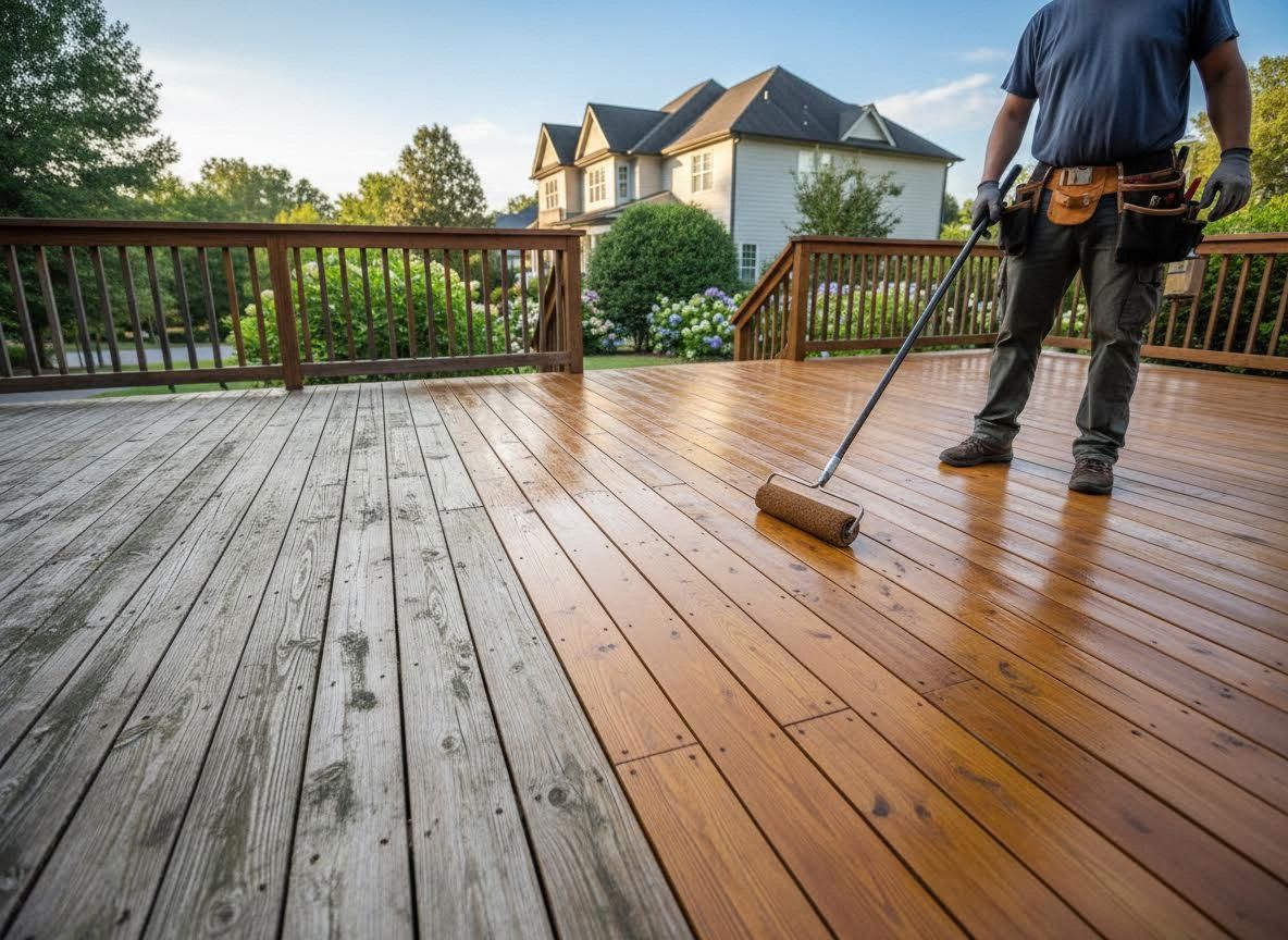 Man staining a wooden deck before and after