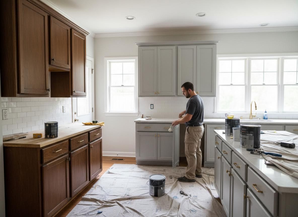 Man painting kitchen cabinets light gray