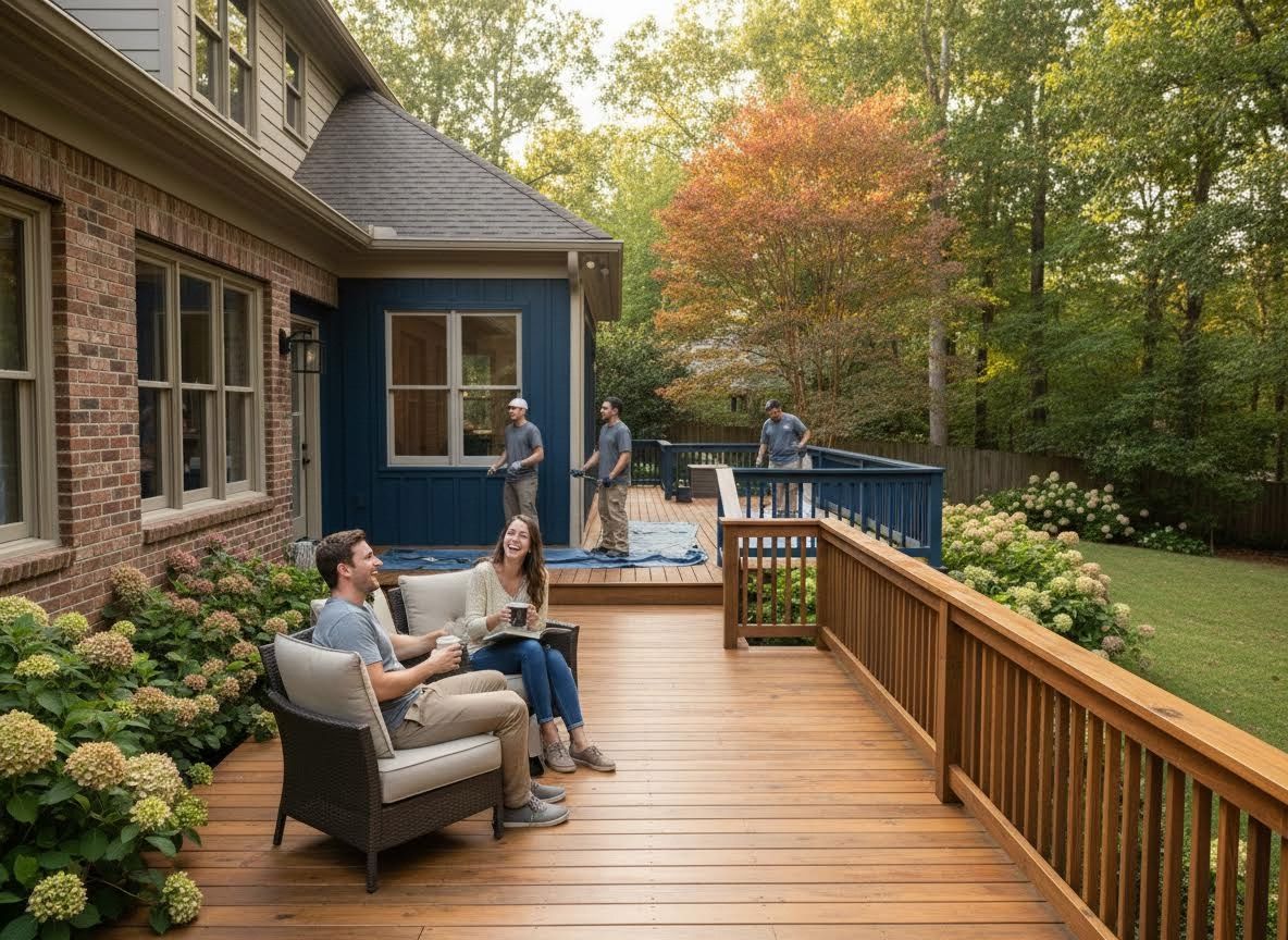Couple relaxing on a wooden deck while workers perform maintenance