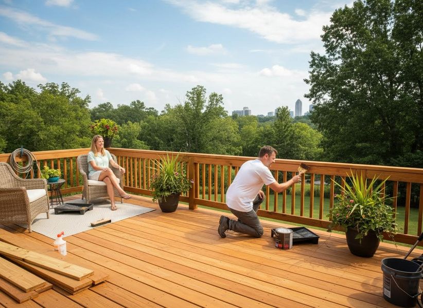 Man Staining Deck Railing as Woman Relaxes on Patio