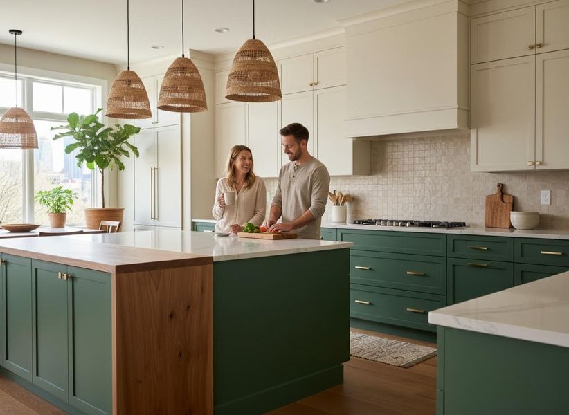 Couple Preparing Meal in Modern Green and White Kitchen