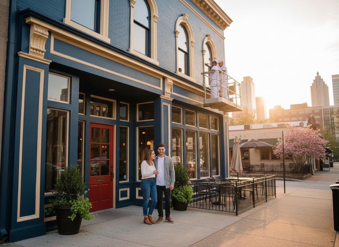 Couple outside historic blue building at sunset