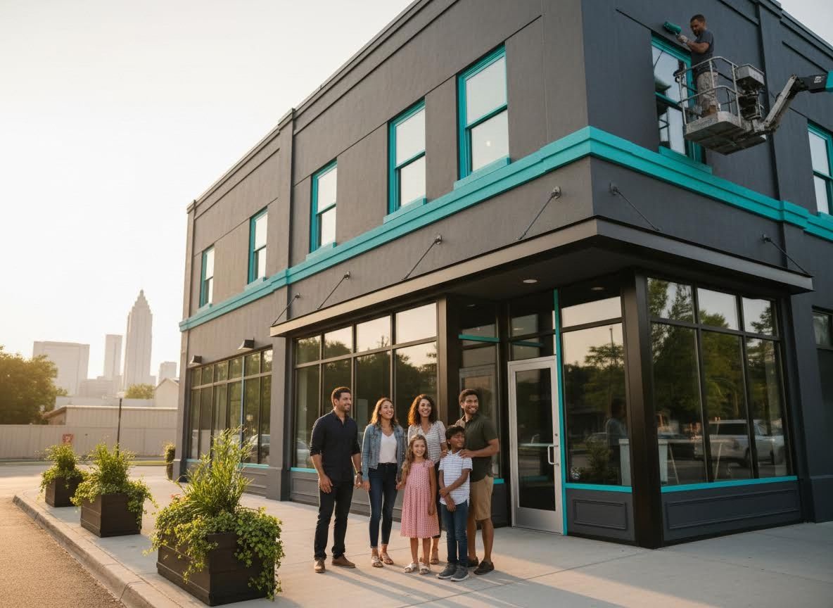 Diverse group of people smiling in front of a modern building