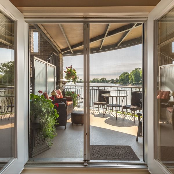 Glass doors open to patio