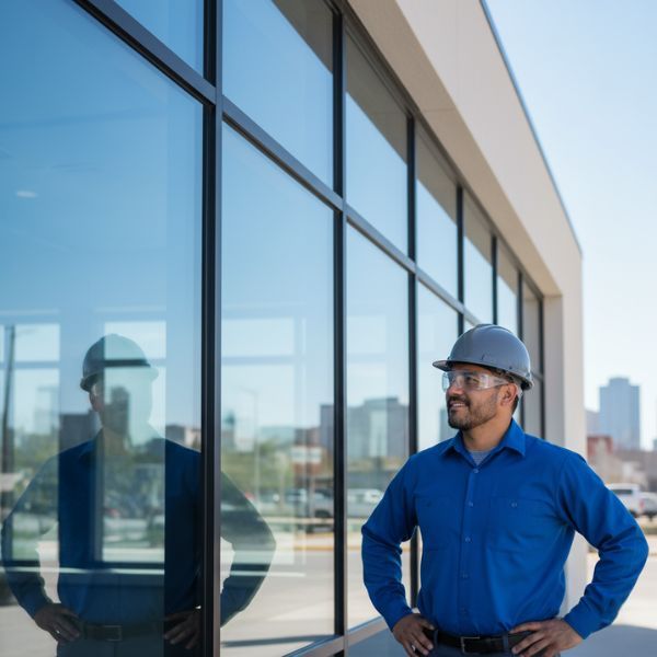 A glazier, wearing a hard hat and safety glasses, stands proudly in front of a newly installed, sleek glass storefront on a modern building A glazier, wearing a hard hat and safety glasses, stands proudly in front of a newly installed, sleek glass storefront on a modern building