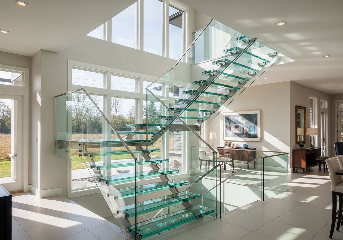 Modern glass staircase in a bright, open home