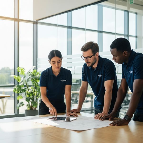 A diverse team of professional glaziers collaborates, reviewing blueprints and discussing a project in a bright, modern workspace, emphasizing teamwork and a positive environment. A diverse team of professional glaziers collaborates, reviewing blueprints and discussing a project in a bright, modern workspace, emphasizing teamwork and a positive environment.