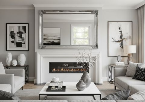 Elegant Living Room with Fireplace and Ornate Mirror