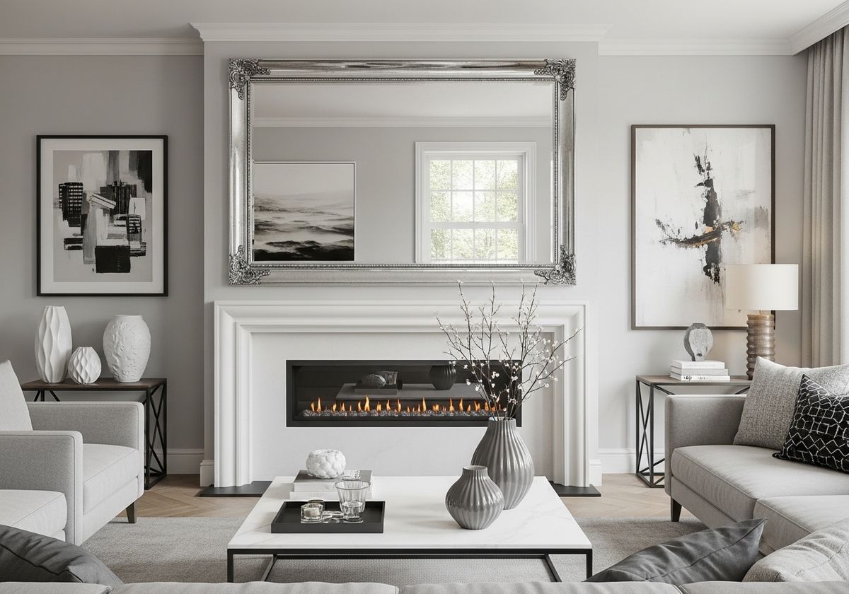 Elegant Living Room with Fireplace and Ornate Mirror