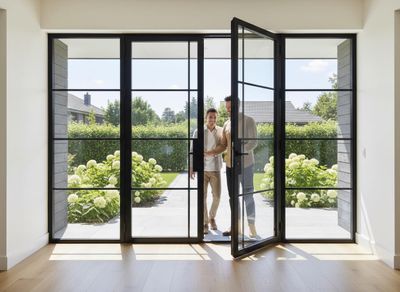 Two men looking into a modern house through glass doors
