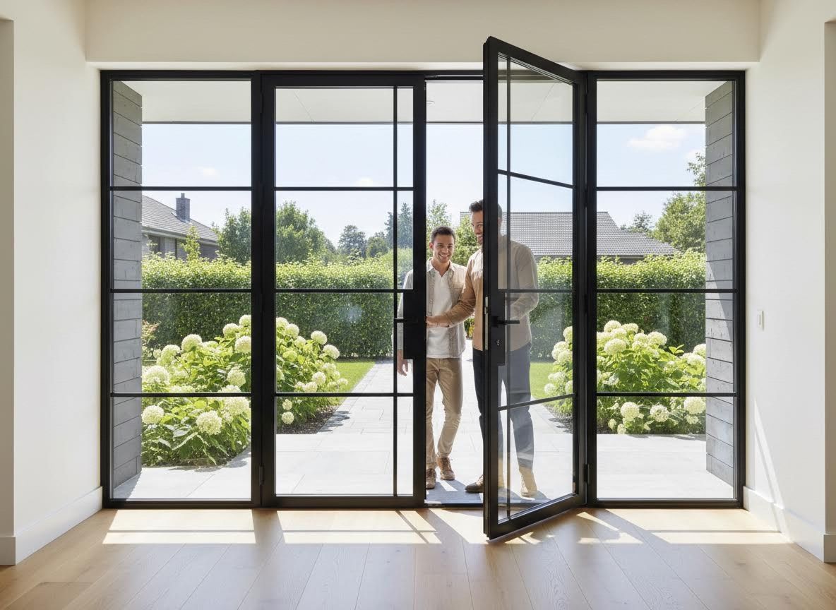 Two men looking into a modern house through glass doors