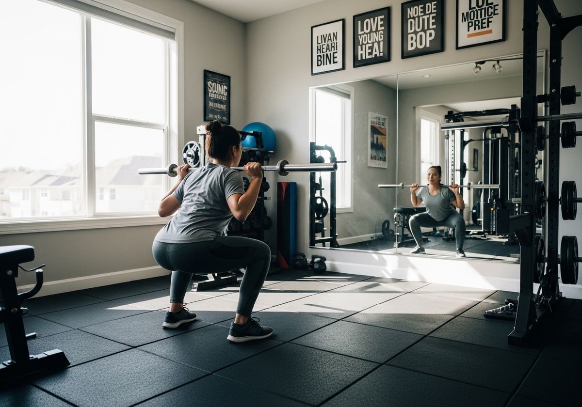 Woman Doing Barbell Squats in Home Gym