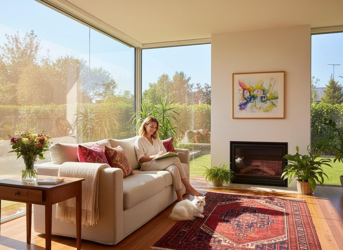 Bright living room with woman reading, cat, and garden view