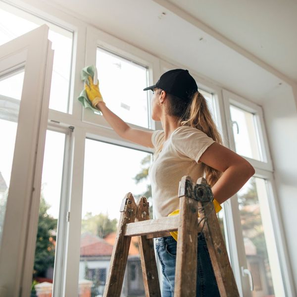 woman cleaning windows