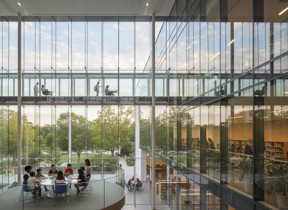 Modern Library Interior with Multi-Level Learning Spaces