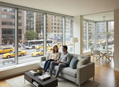 A couple sits on a gray sofa in a contemporary apartment, looking out at a bustling street with yellow taxis and a bus. Couple in modern city apartment living room overlooking a busy street