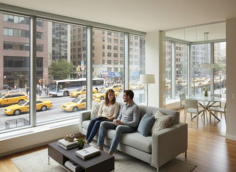 Couple in modern city apartment living room overlooking a busy street