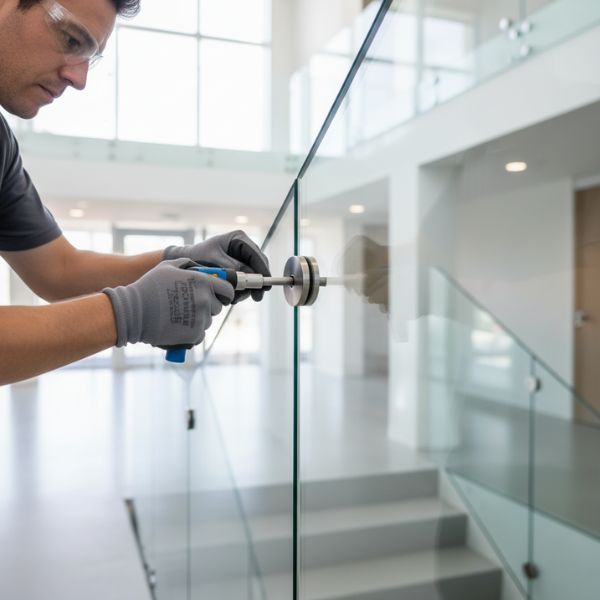 A glazier, wearing safety gloves, uses specialized tools to precisely install a segment of a modern glass handrail, highlighting advanced techniques in architectural glasswork. A glazier, wearing safety gloves, uses specialized tools to precisely install a segment of a modern glass handrail, highlighting advanced techniques in architectural glasswork.