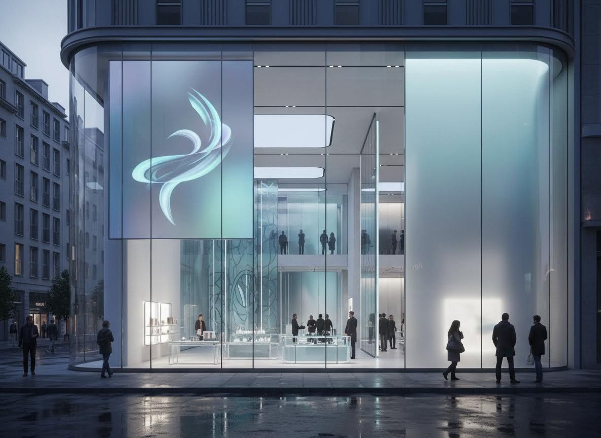 Modern building with glass facade and digital display