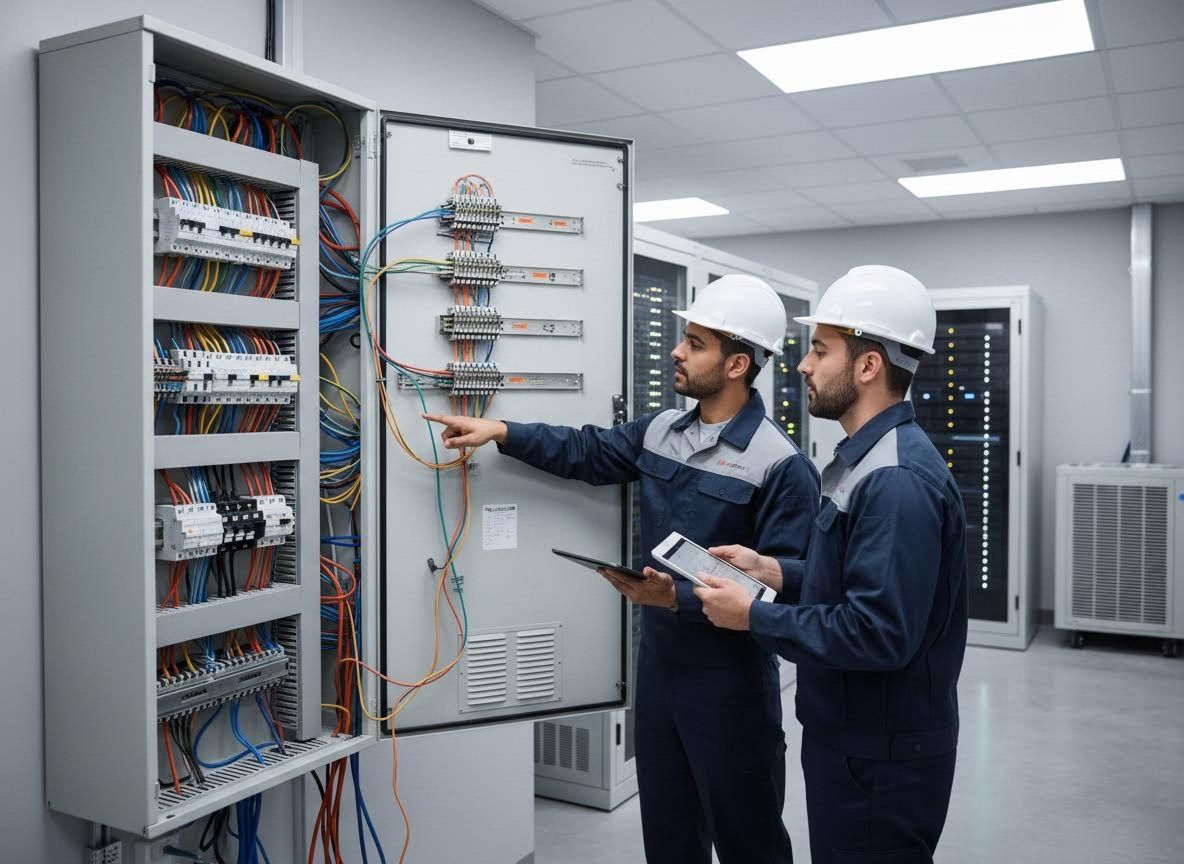 Two electricians inspecting an industrial electrical panel