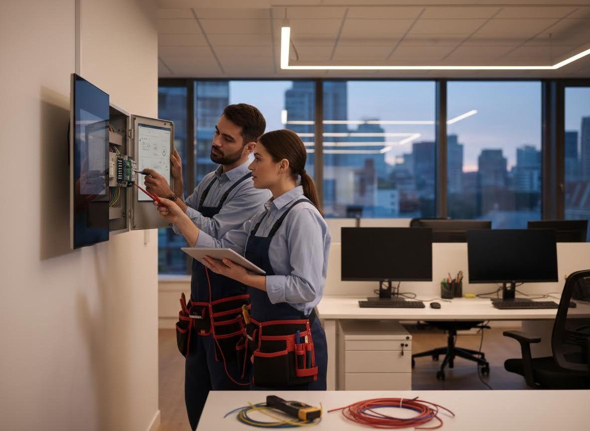 Two electricians working on an electrical panel in a modern office
