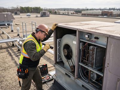 A technician safely inspecting the internal blower and dehumidification components of a large commercial rooftop HVAC unit. 