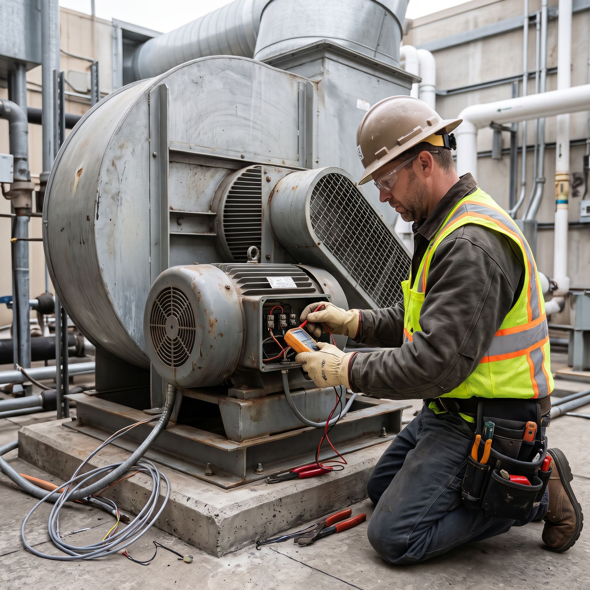 A commercial electrician testing the voltage on a heavy-duty industrial exhaust fan motor.
