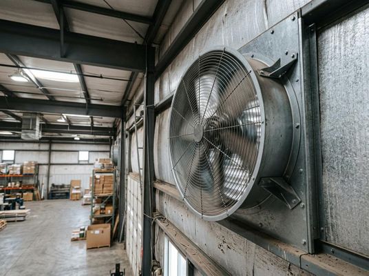 A large, heavy-duty industrial exhaust fan mounted in a warehouse, spinning rapidly