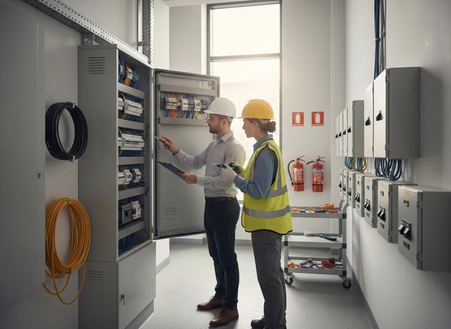 A male and female electrician in hard hats and safety gear inspect an open electrical panel with wires and circuit breakers. They collaborate in an industrial setting. Electricians Inspecting Electrical Panel