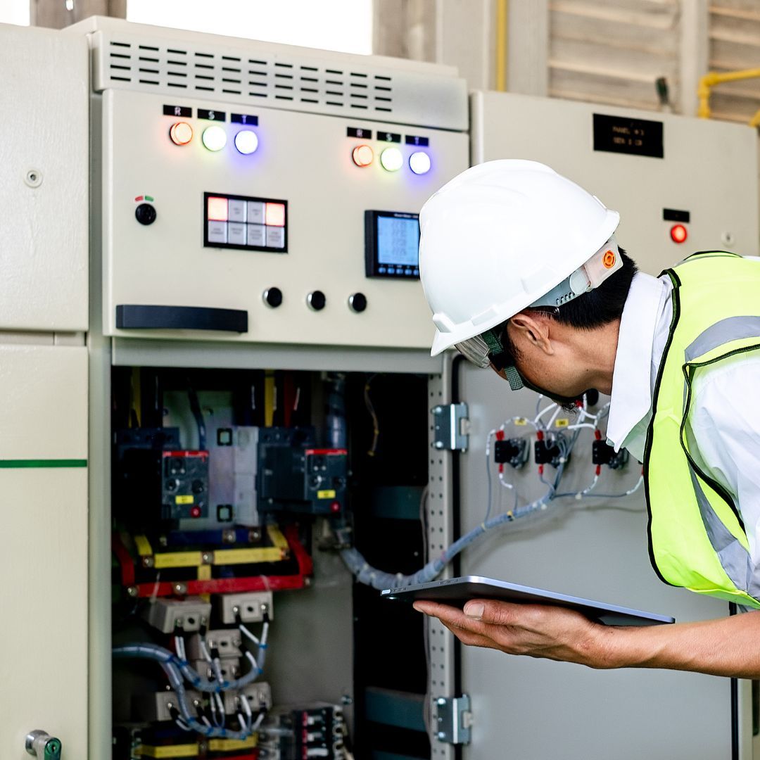Electrician in a hard hat holding a tablet while inspecting an open electrical control panel. commercialelectric2.jpg