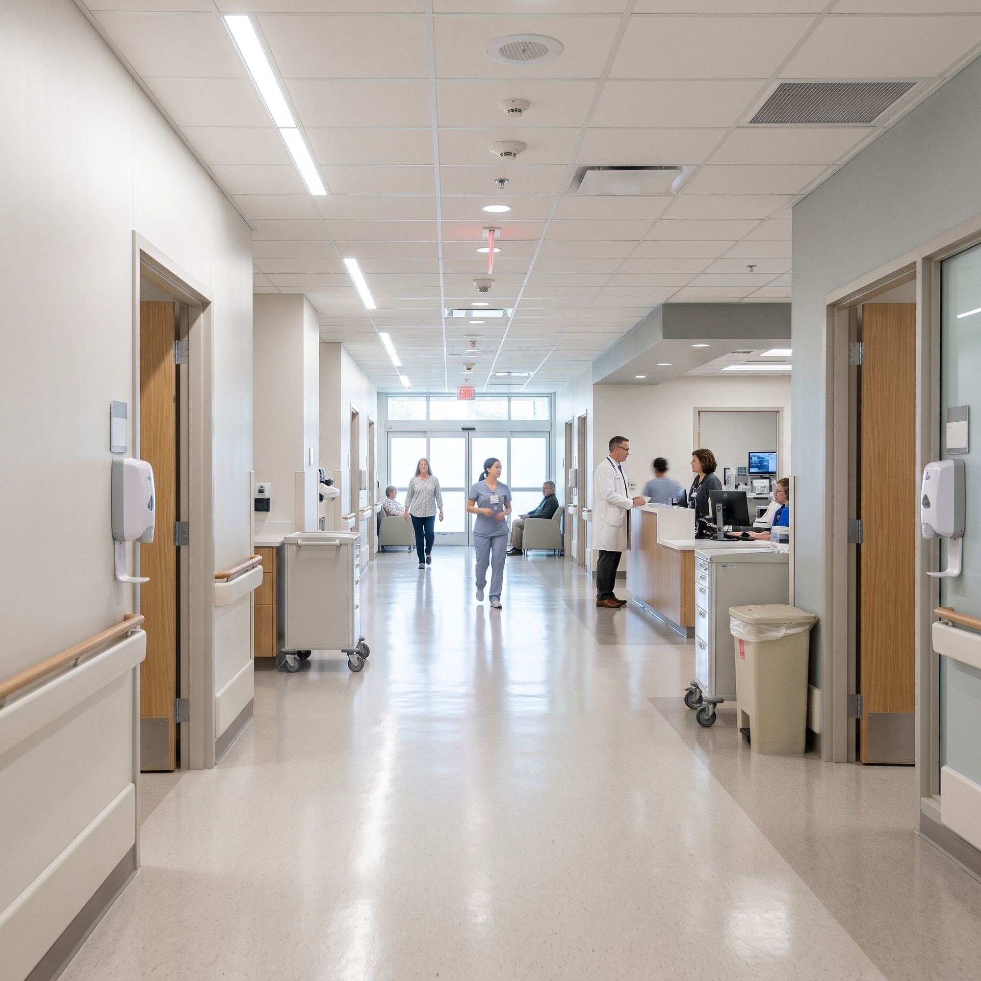 A clean, sterile hallway in a modern medical or clinical facility with bright overhead lighting.