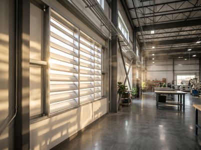 Sunlight streaming through a large, modern commercial building vent or louver into a clean workspace.
