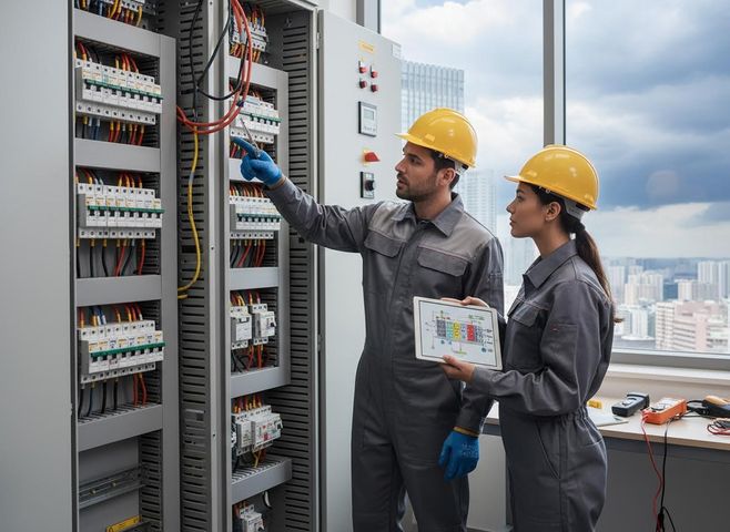 Two electricians, a man and a woman in hard hats and coveralls, examine an open electrical panel while referencing a digital diagram on a tablet, with a city skyline in the background. Engineers Inspecting Electrical Panel with Tablet