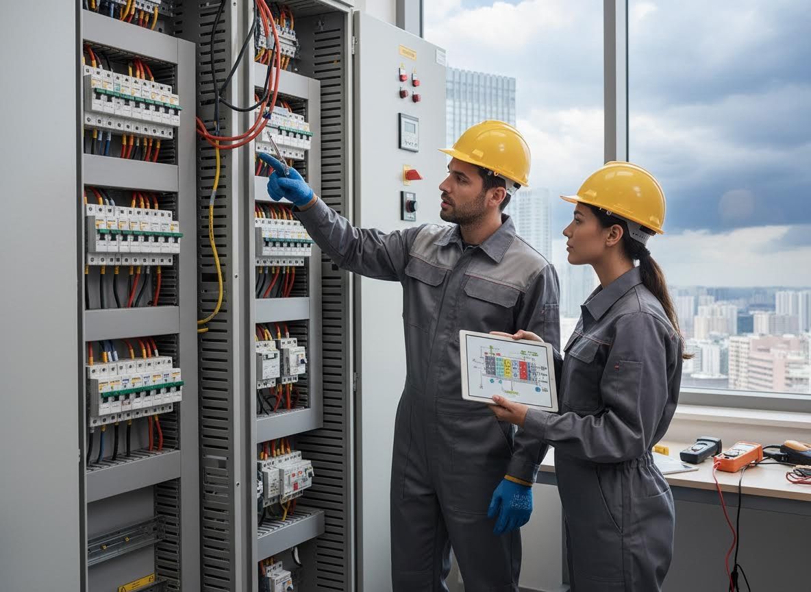 Engineers Inspecting Electrical Panel with Tablet