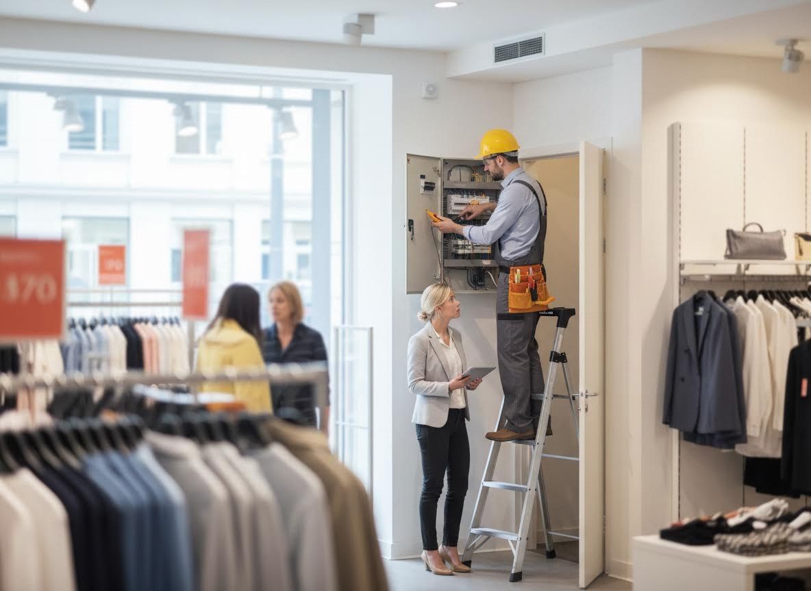 Electrician working on electrical panel in a retail store