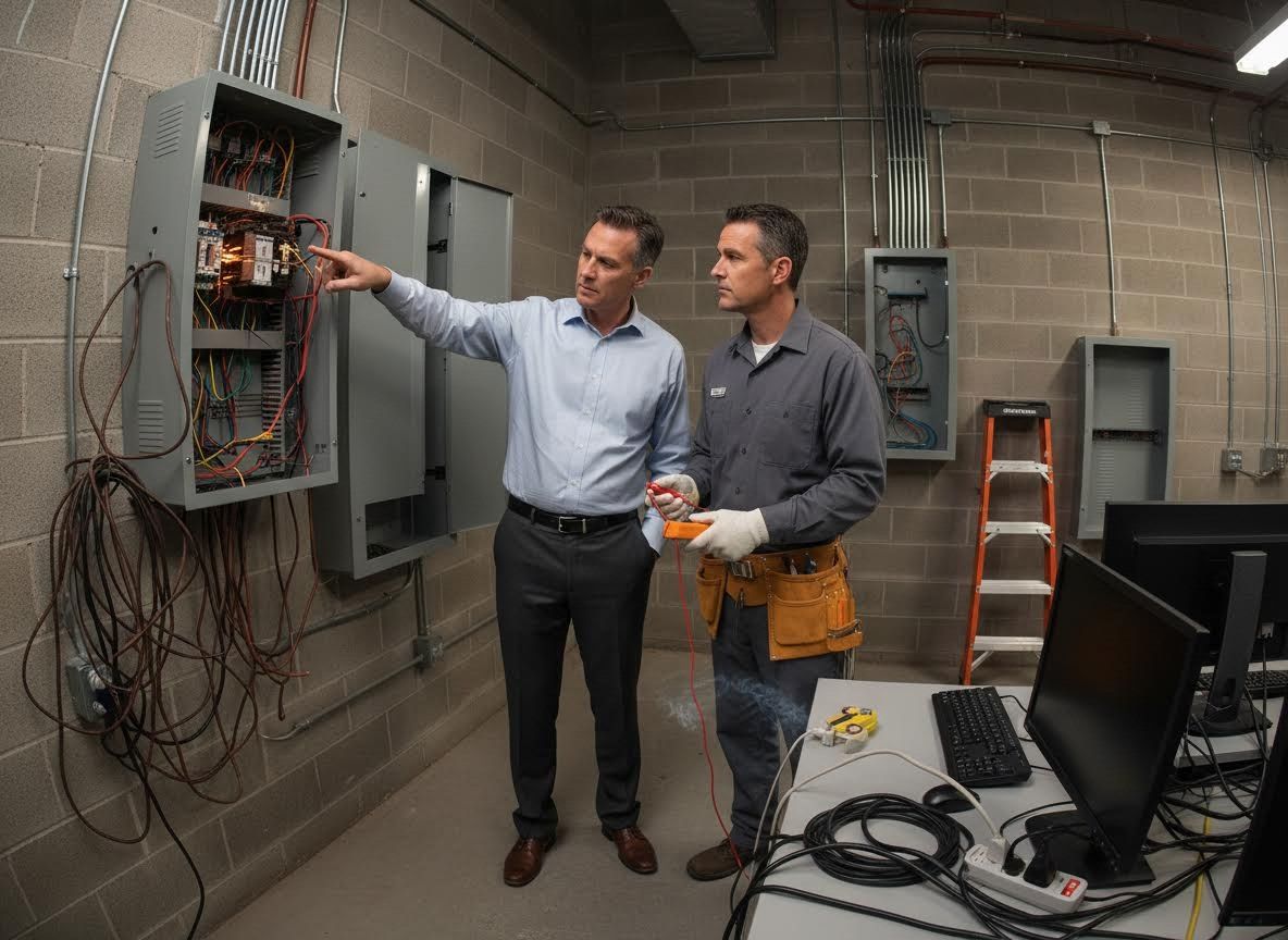 Two men inspecting an electrical control panel