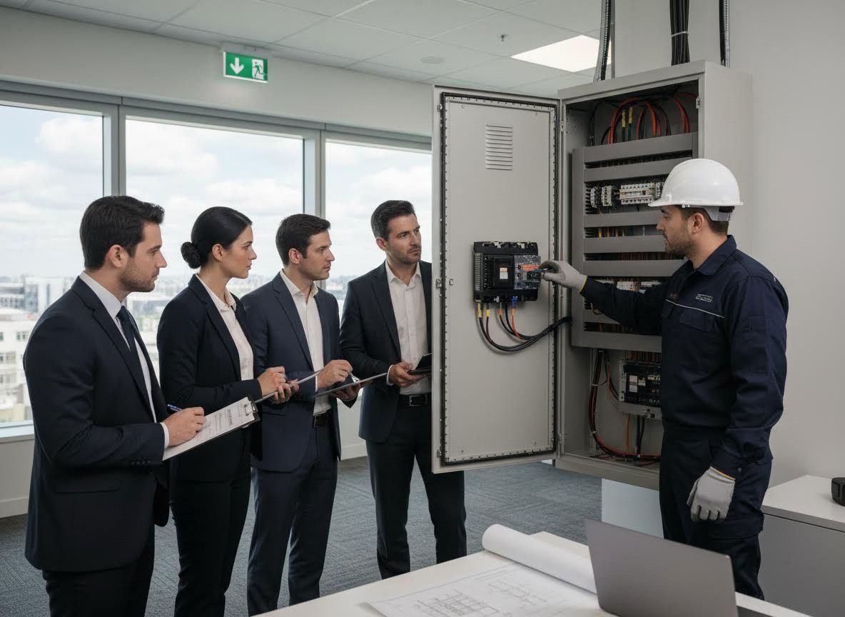 Electrician explaining electrical control panel to business team