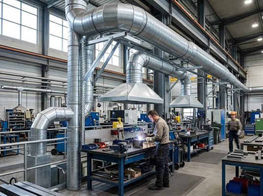 A wide shot of a modern manufacturing facility with complex, heavy-duty metallic extraction ductwork safely capturing air over a workstation.