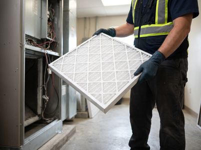 A close-up of a pristine, white, high-efficiency pleated MERV air filter being held by an HVAC technician. 