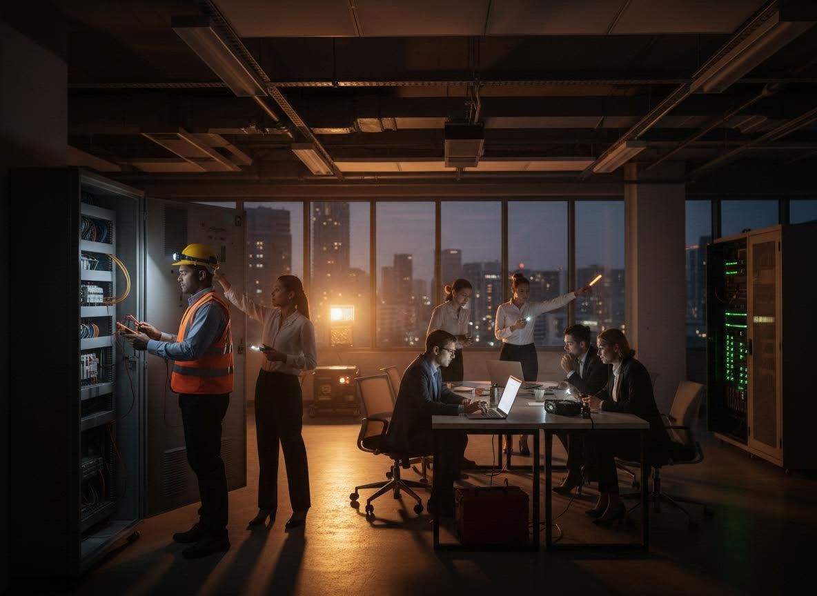 IT and Electrical Teams Working Together at Night