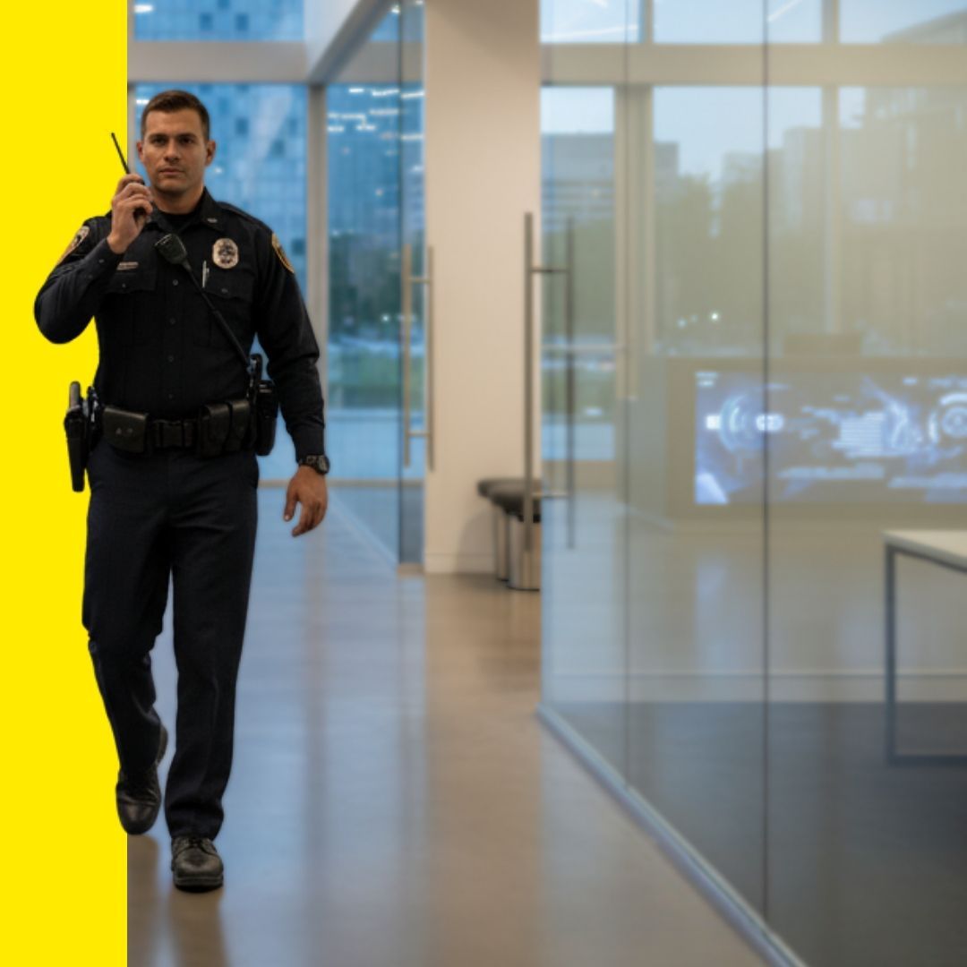 A security guard walking through a modern, spacious office lobby with large windows overlooking a city skyline, speaking into a two-way radio. The lobby features sleek design and digital displays.