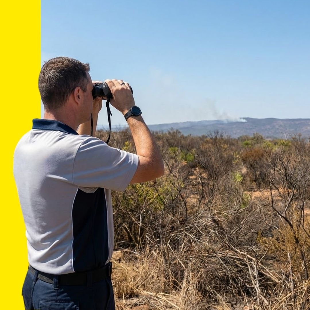 A security professional uses binoculars to monitor a distant plume of smoke on a ridge from the edge of a dry, brush-covered property