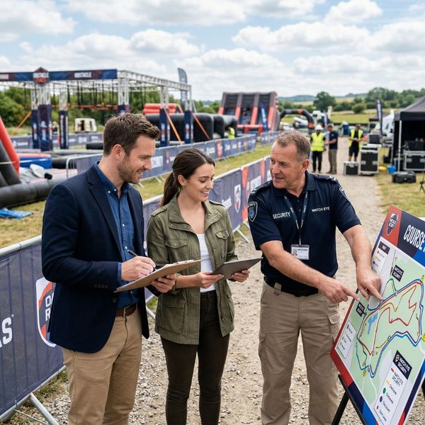 Security professional conducting a risk assessment at an event venue.