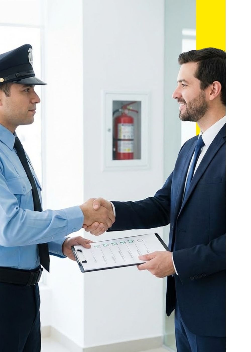 A uniformed security guard shakes hands with a business manager in a suit, holding a clipboard with a completed compliance checklist