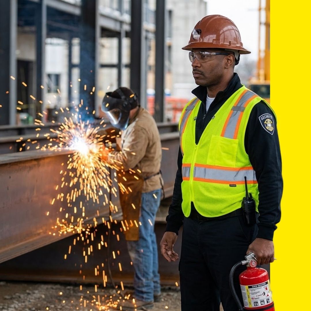 A security guard in a hard hat and safety vest holds a fire extinguisher and vigilantly watches a welder working on a steel beam on a construction site