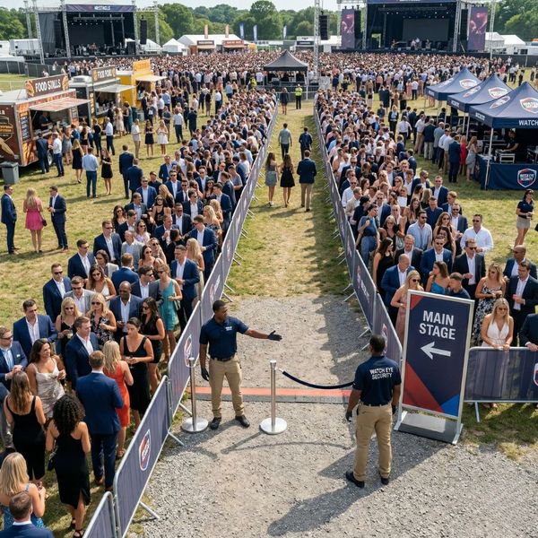Professional security team managing crowd flow at a large public event.