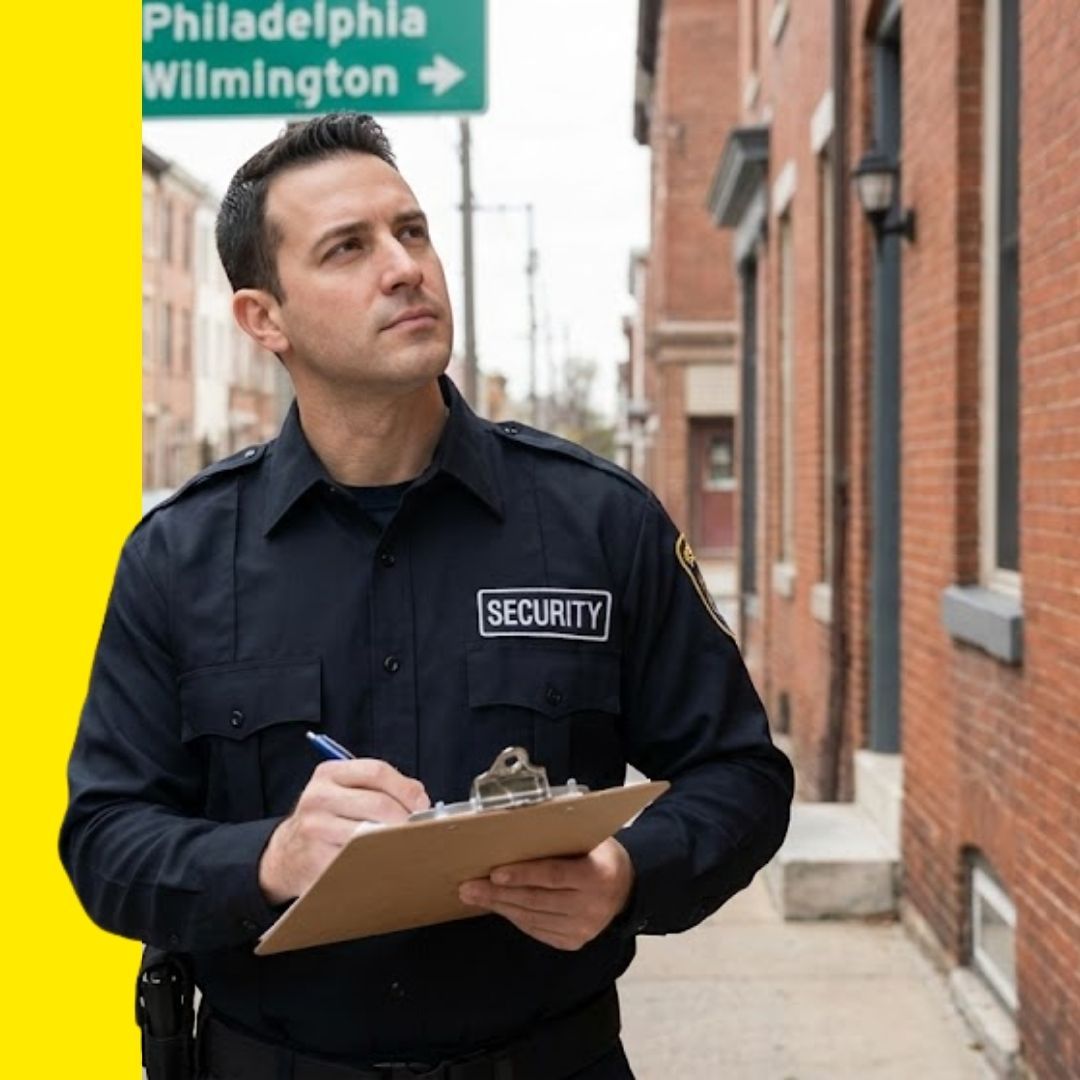 A uniformed security guard conducts a patrol check with a clipboard on a city street, with a green road sign for Philadelphia and Wilmington visible behind him