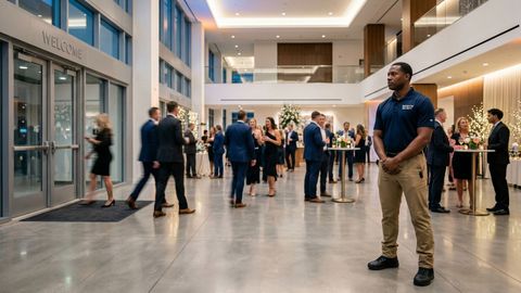 Professional security guard standing watch at a high-end corporate event venue.